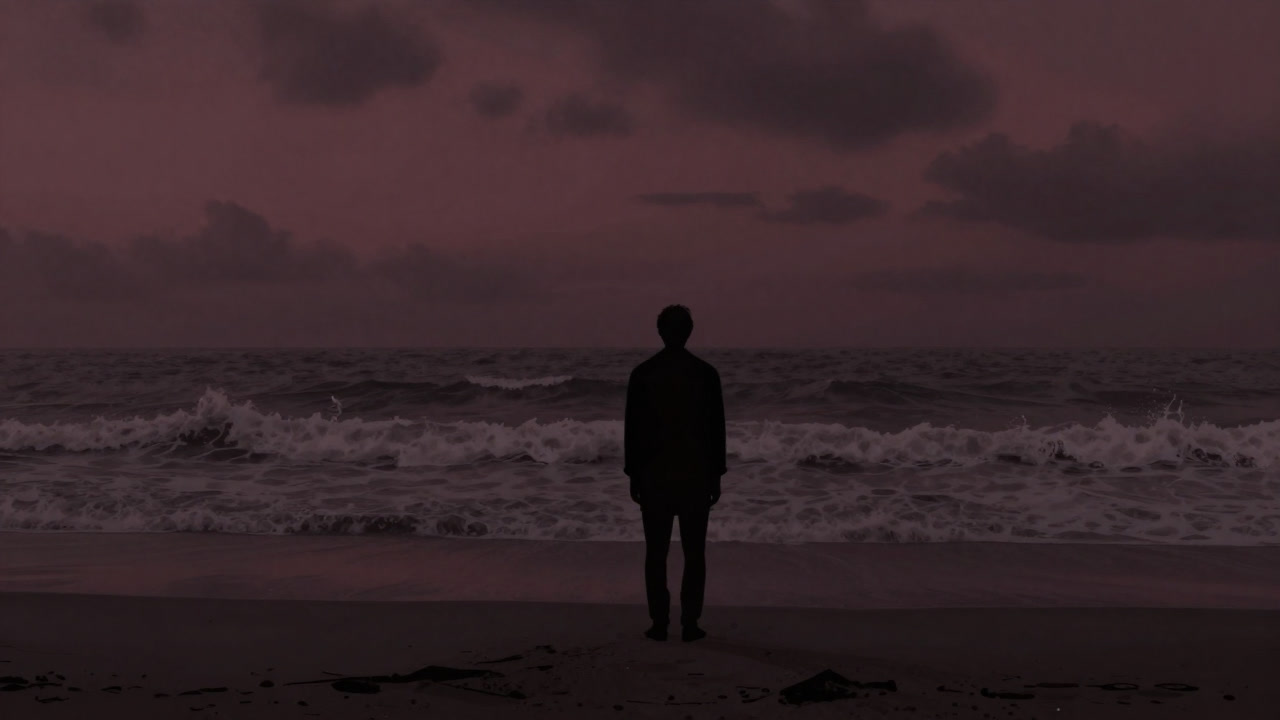 Image of a lone silhouette gazing at the sky on a desolate beach, sighing deeply.