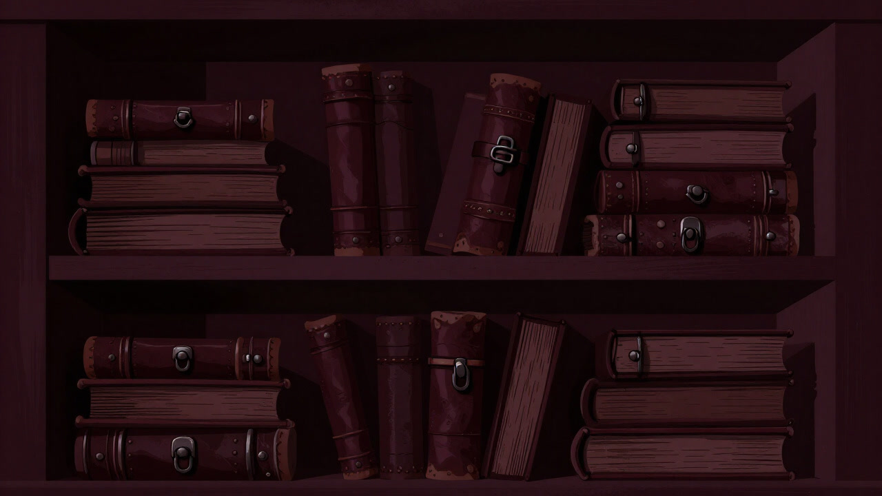 Image of aged grimoires with rusted iron clasps on a dusty bookshelf, exuding eerie atmosphere