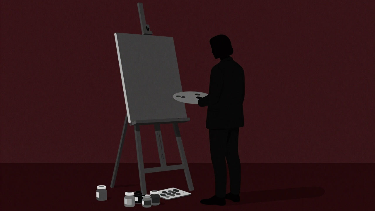 モノクロの絵具が渋く並ぶパレットと、無言のキャンバスに向かう画家の後ろ姿