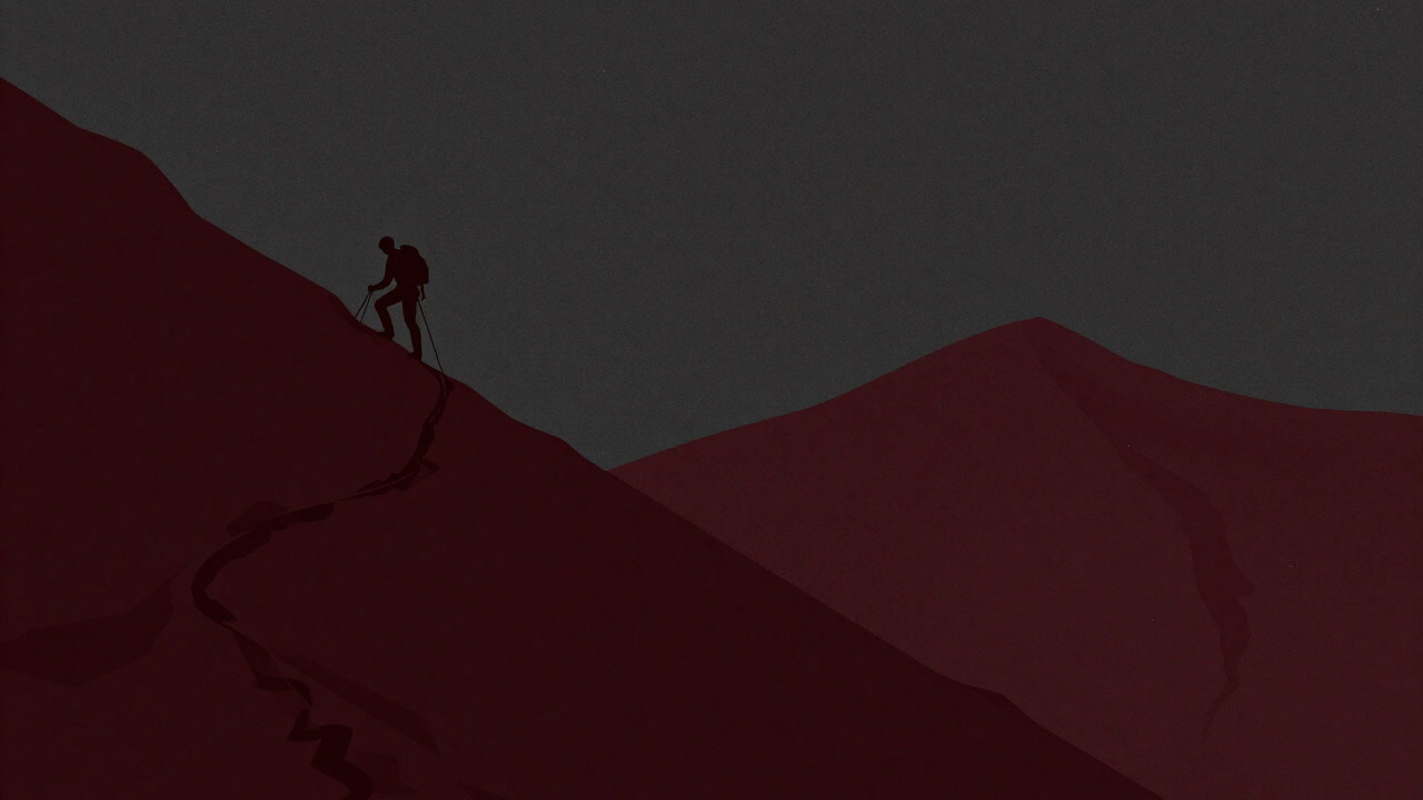 険しい山道を一人で登り続ける登山者のシルエット