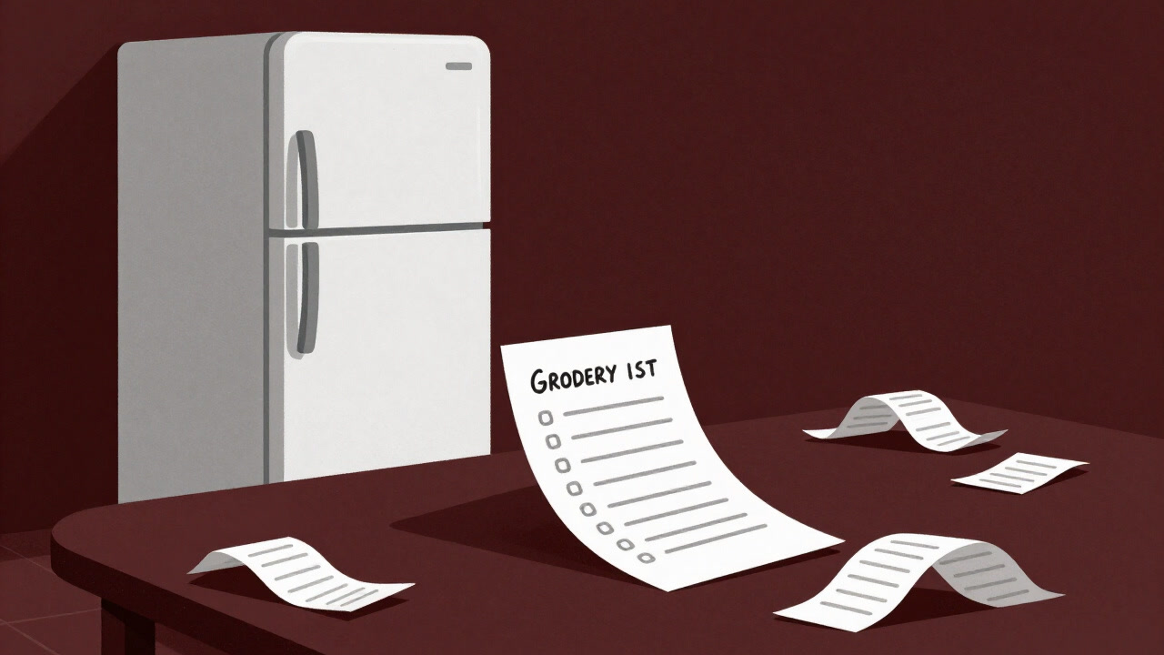 手書きの買い物リストがテーブルの上に置かれ、傍らには空の冷蔵庫と散らかったレシートが散乱している