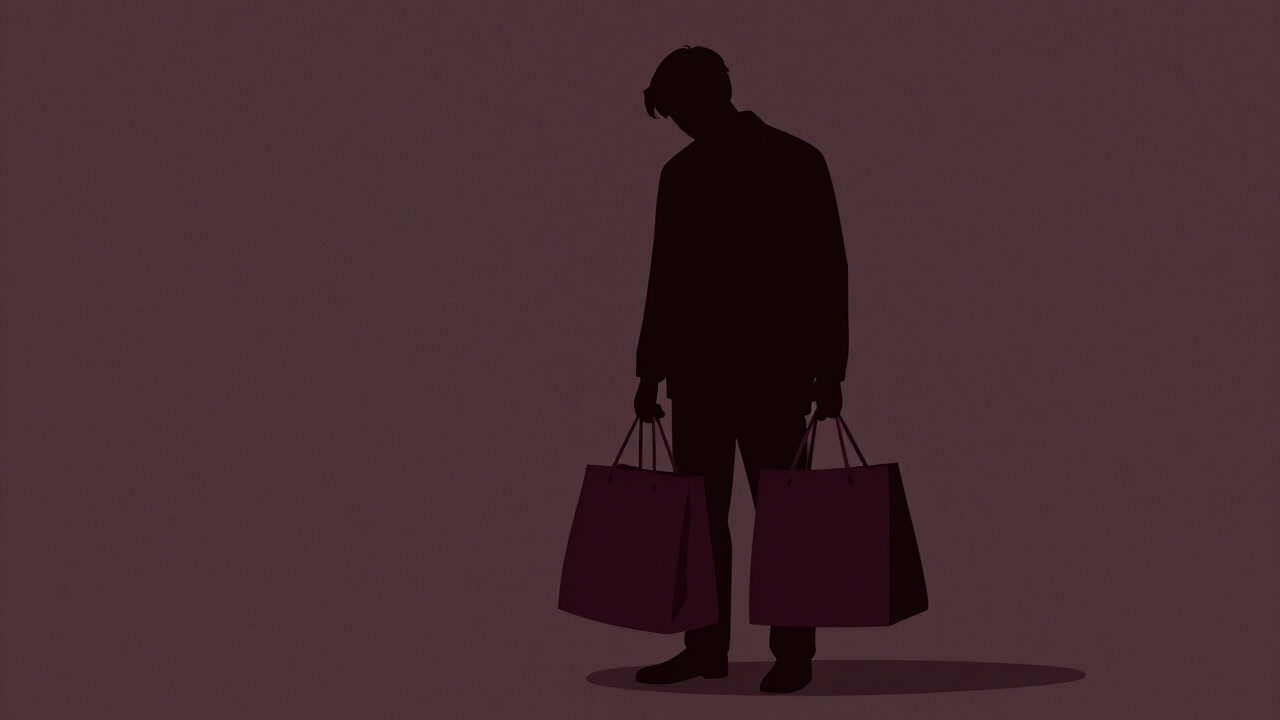 重い買い物袋を抱えて足元がおぼつかない買い出し帰りの人のシルエット