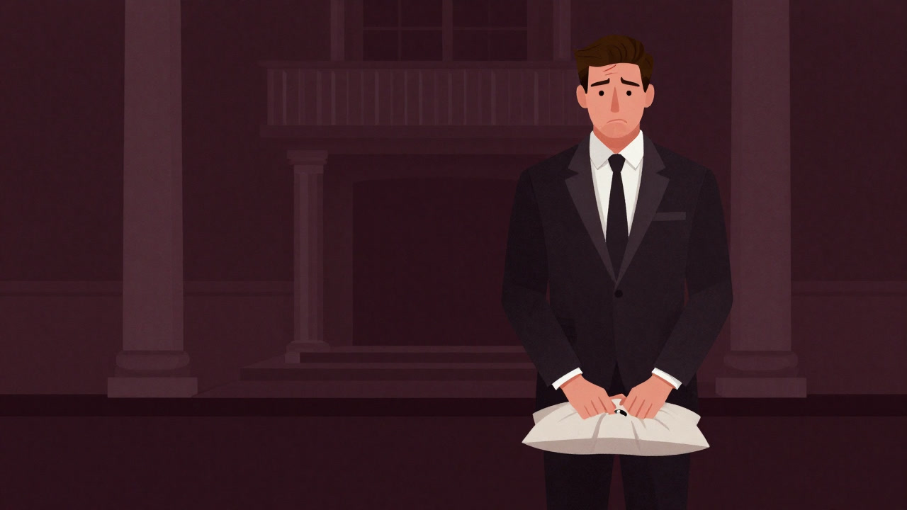 Illustration of a groomsman standing next to the groom with a stiff expression, gripping the rings and trembling