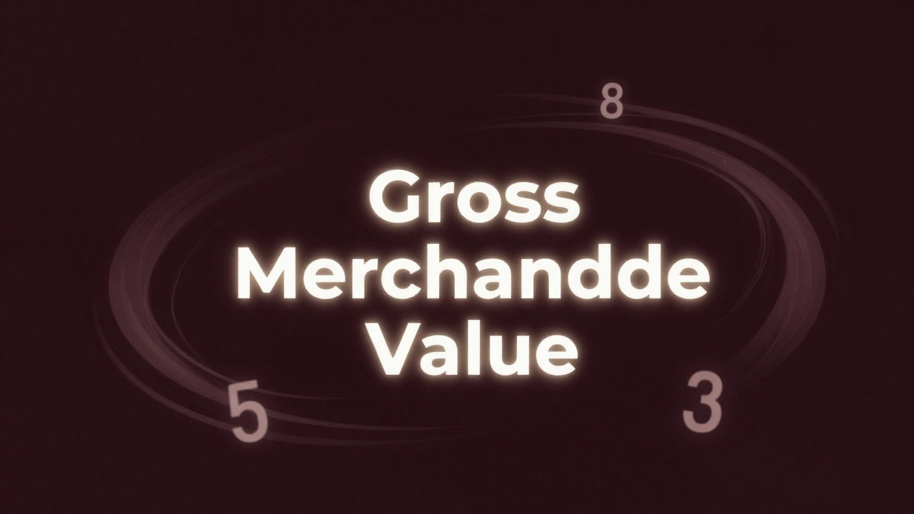 大量の数字が宙を舞う背景に、中央に輝く『流通総額』の文字が浮かぶイラスト