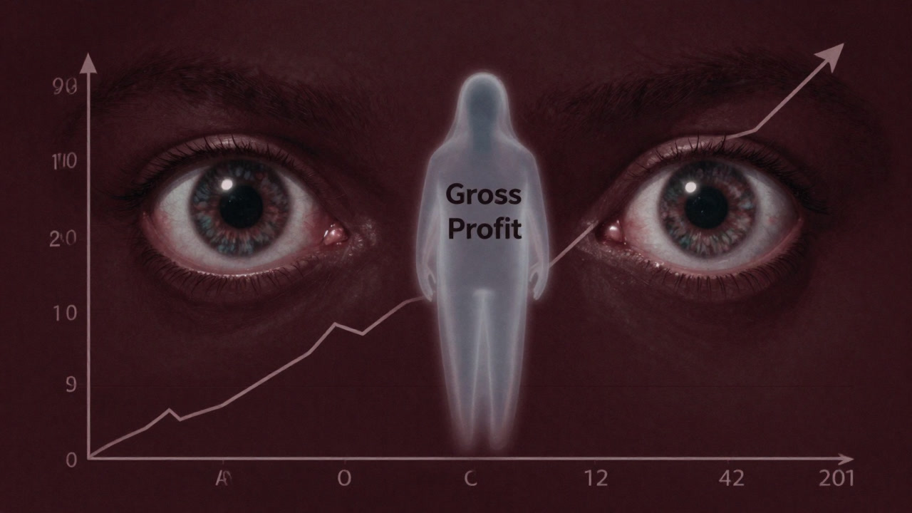 A ghostly profit hovering between revenue bars and cost piles.