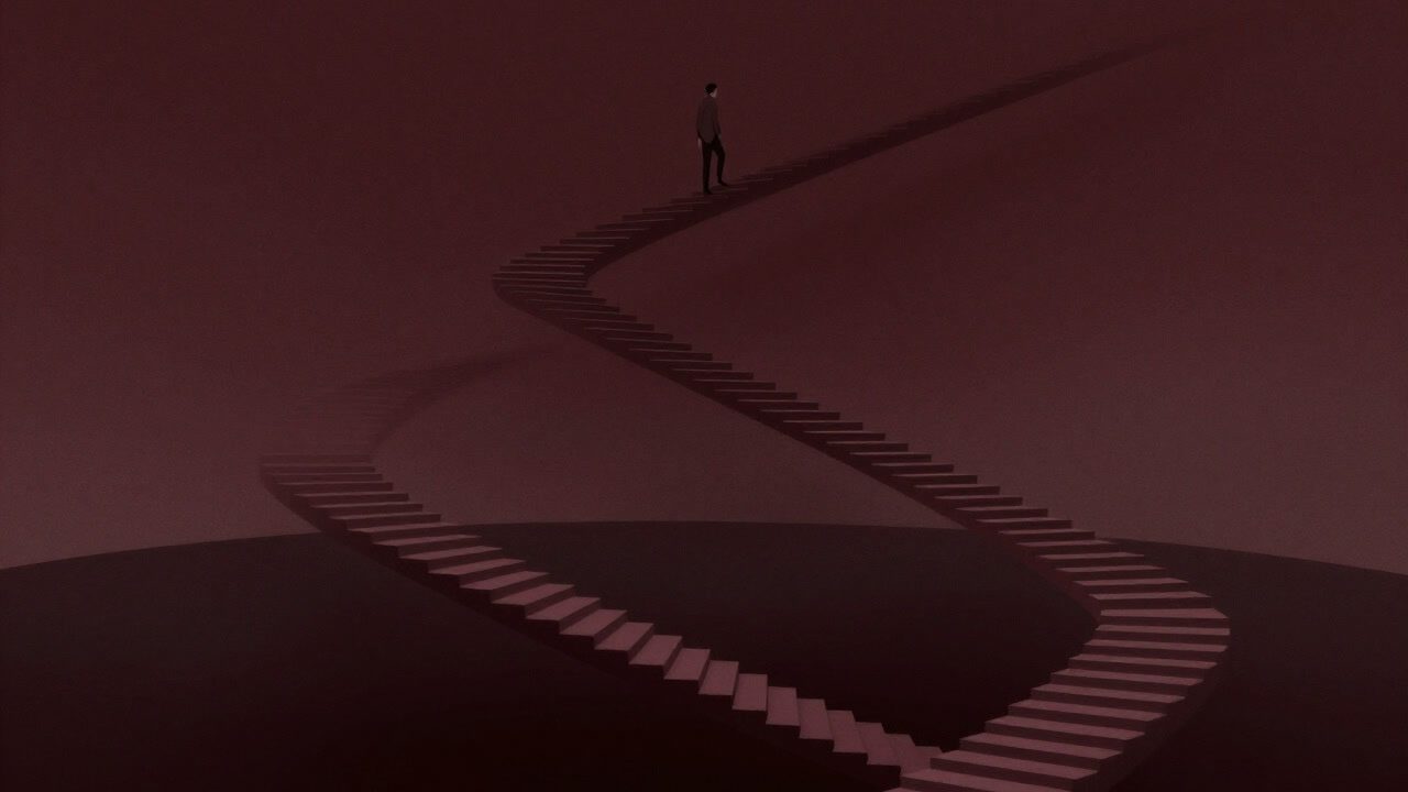 An illustration showing a figure wandering at the end of an endless staircase, shrouded in mist above a bottomless abyss.
