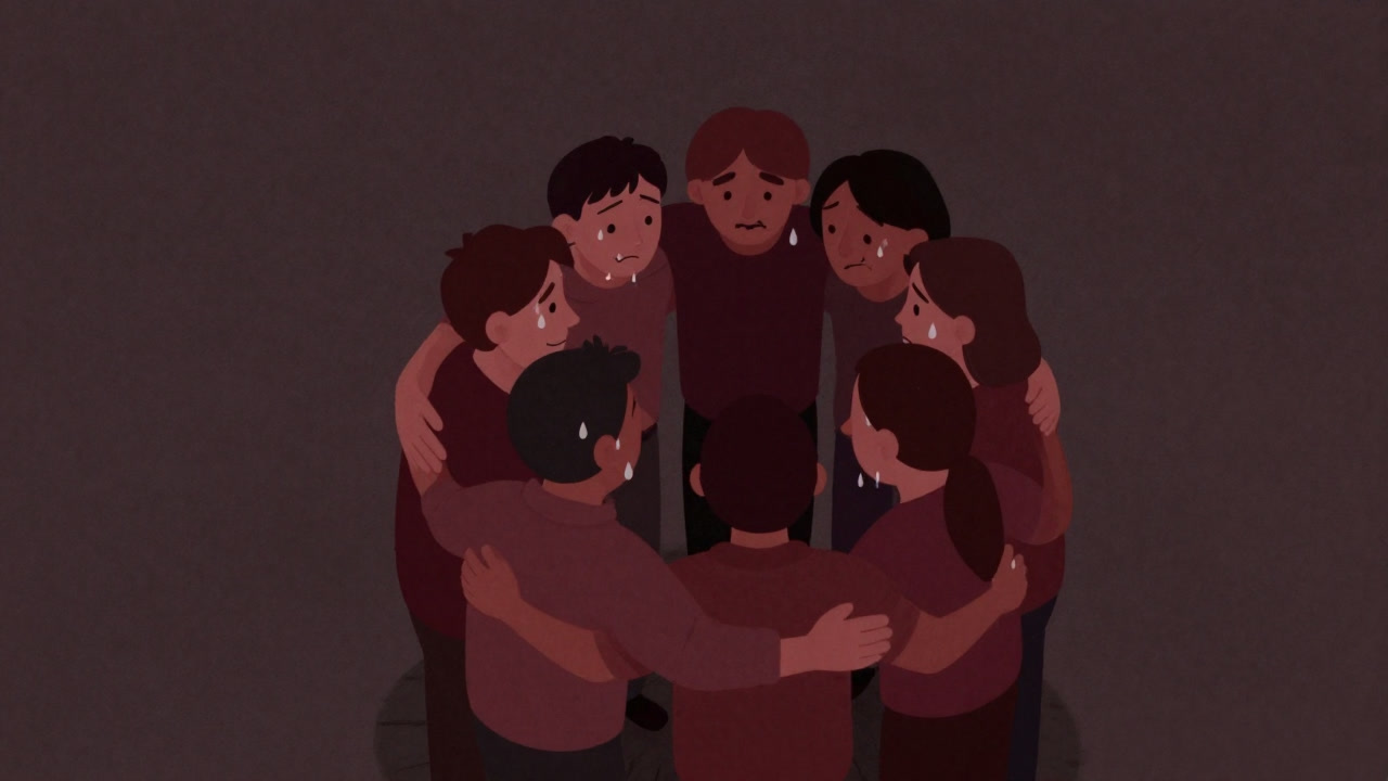 Illustration of people in a circle sharing sweat and the feeling of pressure.