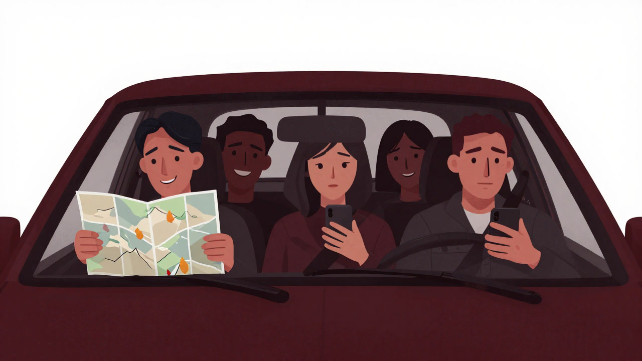 Inside a car of cheerful faces, concealing an endless debate session