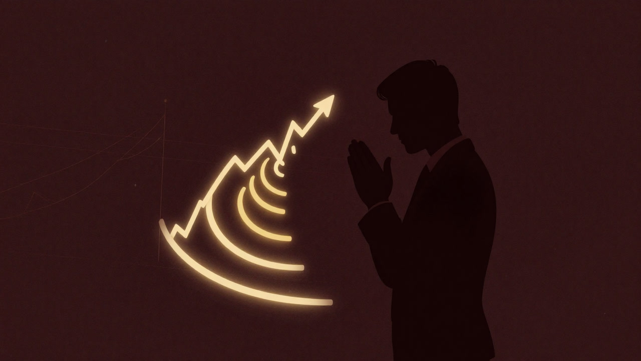 金色の螺旋を描く株価チャートに手を合わせ、祈りを捧げる投資家の影絵