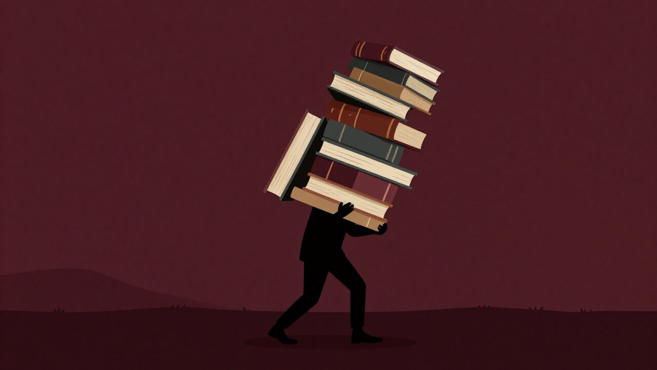 Silhouette of a person surrounded by self-help books holding their head