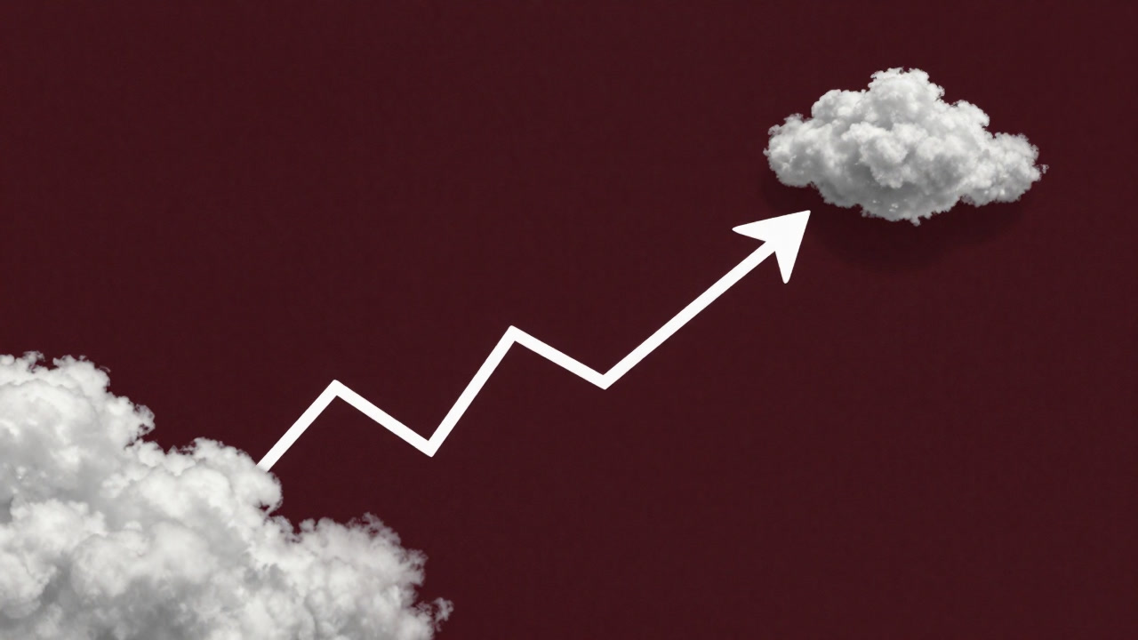Comical illustration of a stock chart arrow piercing through clouds.