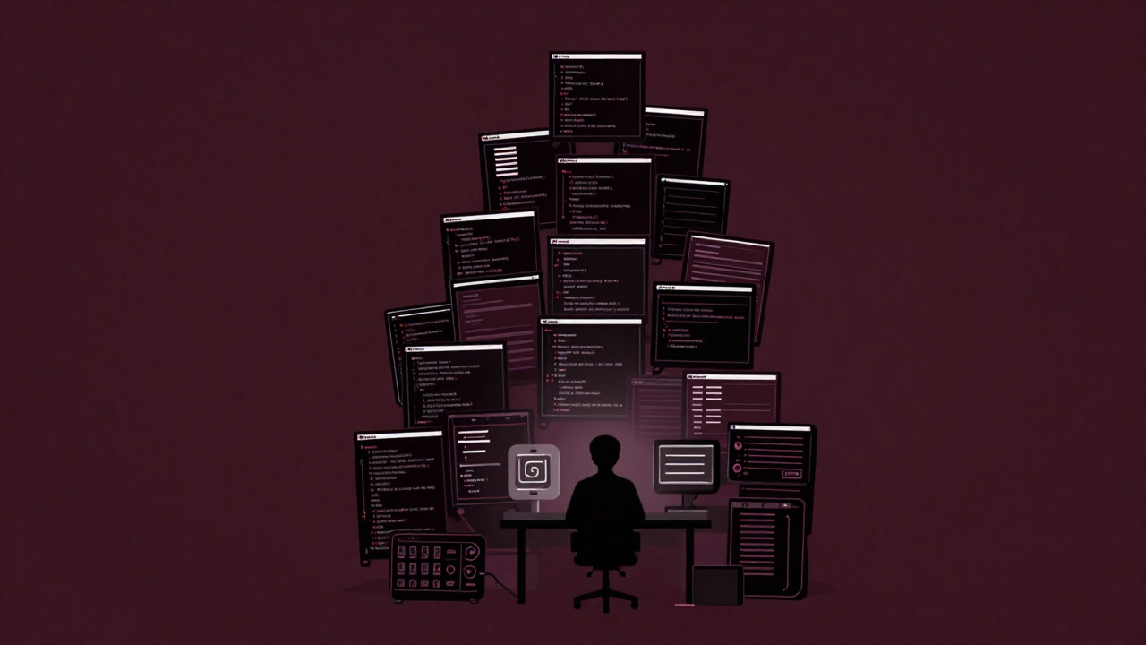 A silhouette of a developer buried under a blinking pile of code-gen tools and config files in darkness