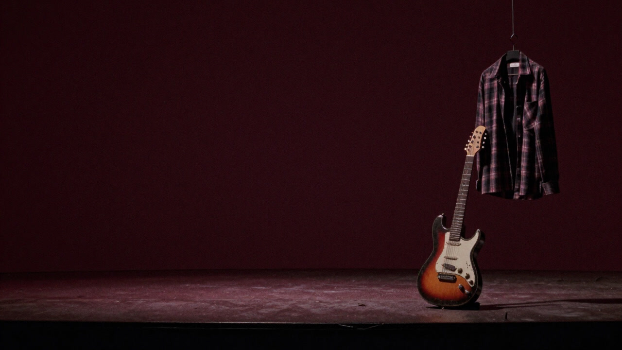 Dark stage photo with a gritty guitar and plaid shirt covered in dirt and dust