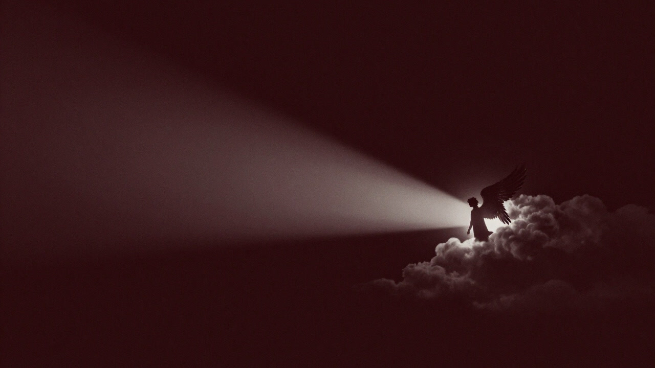 雲間からぼんやりと差し込む光に浮かび上がる、天使の羽を持つ人影のシルエット。