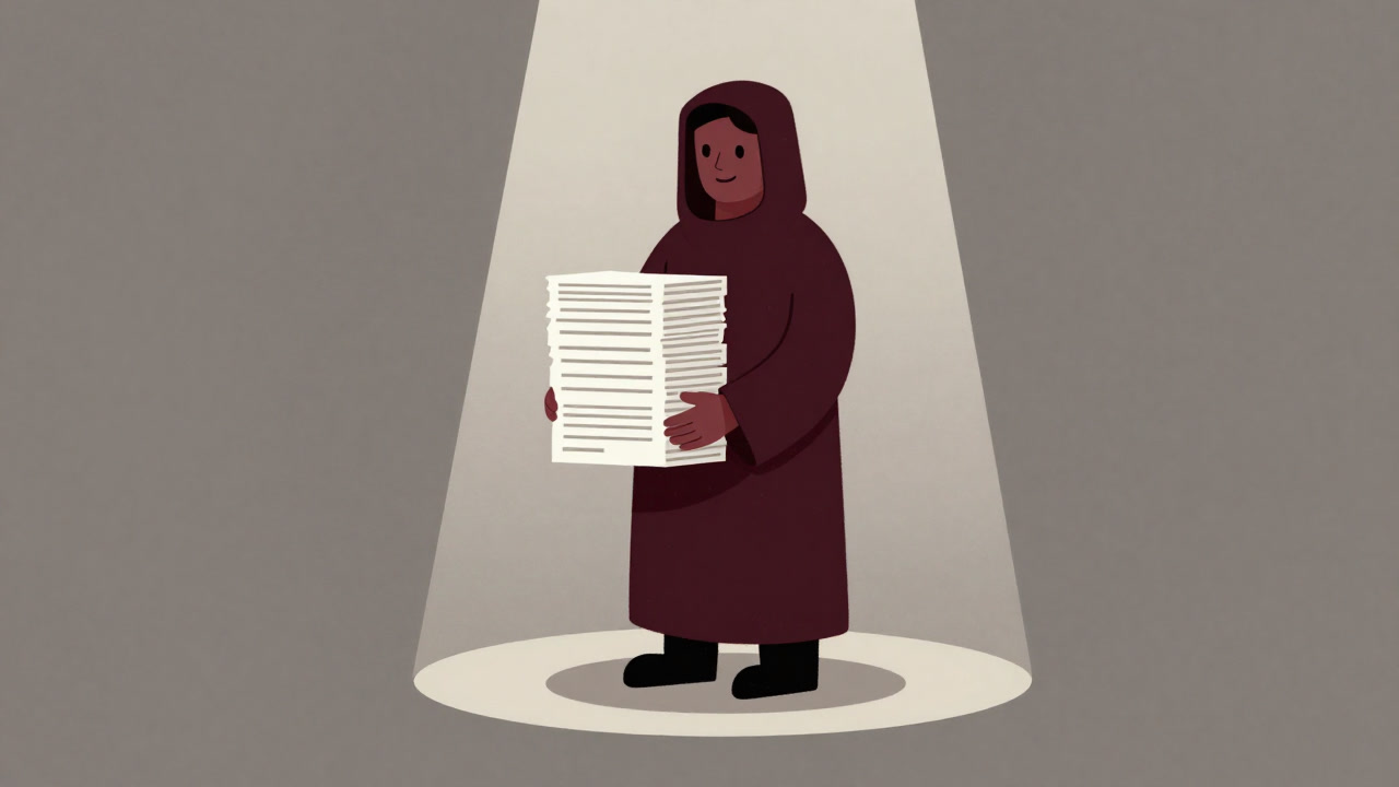 Silhouette of a guardian smiling while holding legal documents, standing between control and protection.