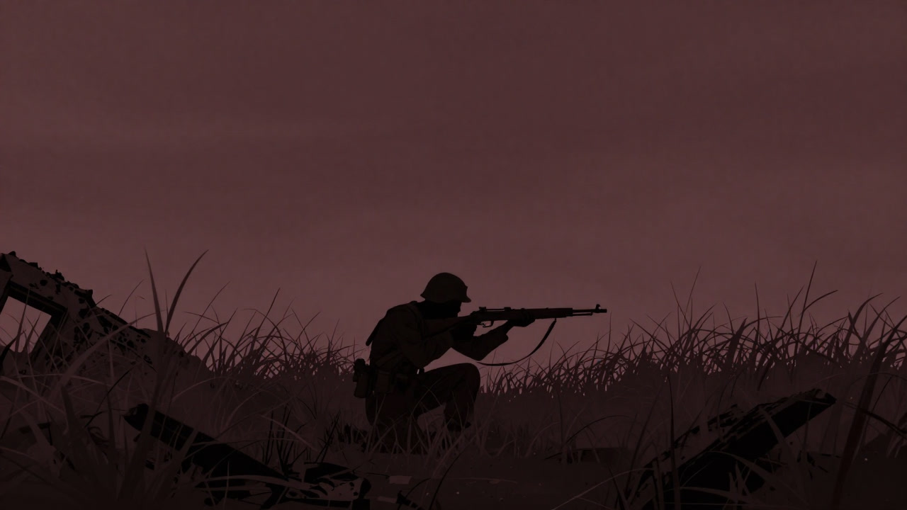 A silhouette of a lone soldier hiding in tall grass amidst ruins, taking aim
