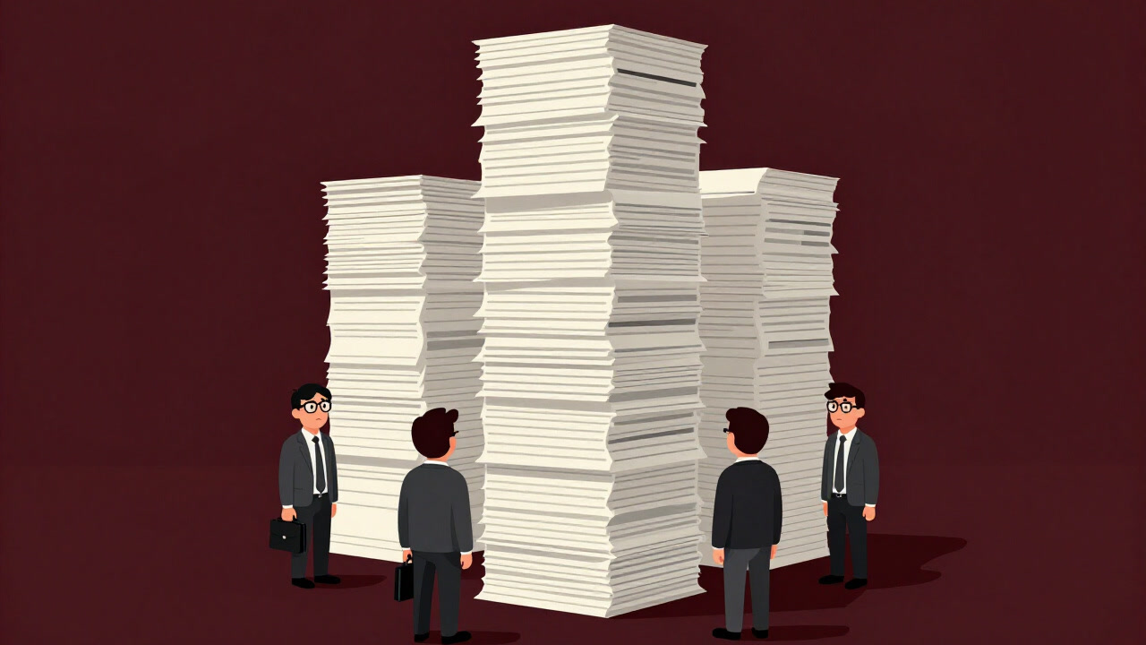 無限に積み上がったガイドラインの山の前で呆然と立ち尽くす社員たちのイラスト