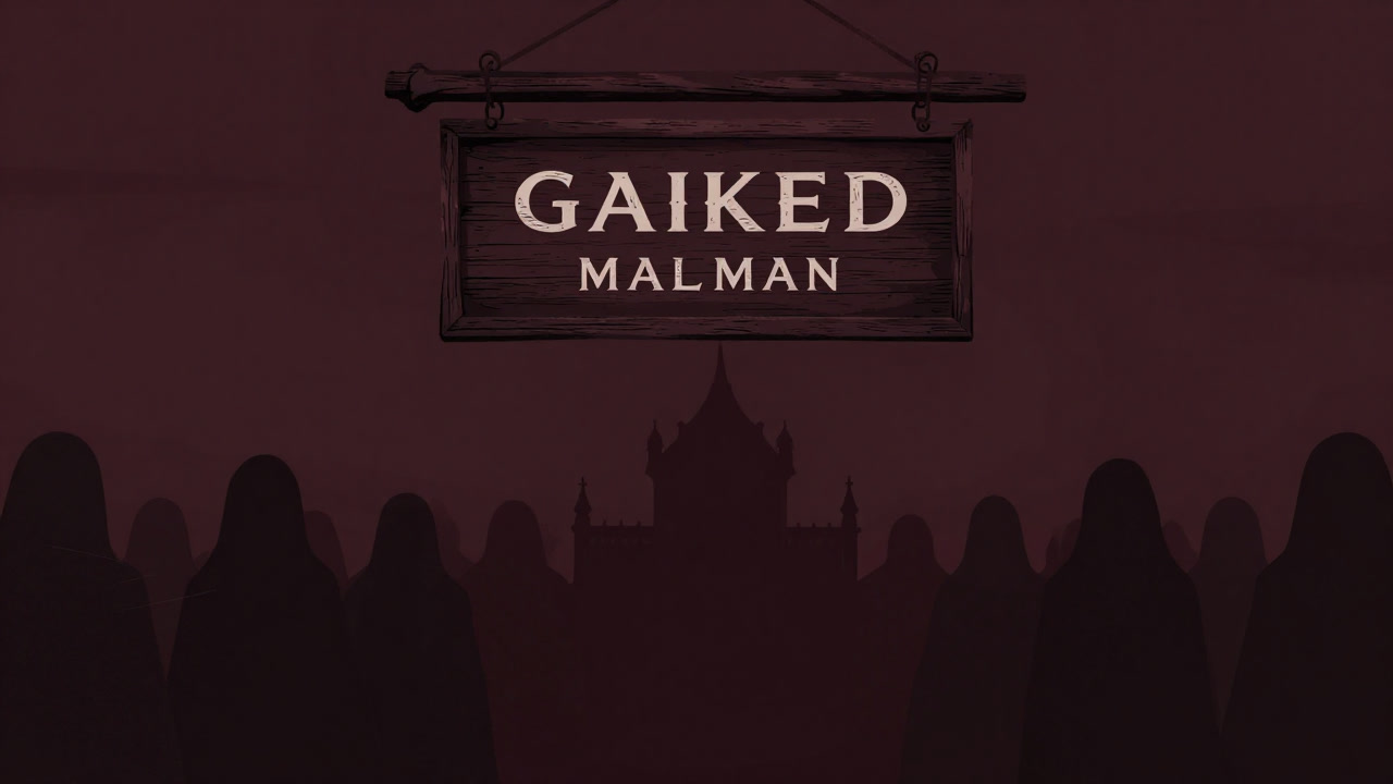 An illustration of an old wooden sign reading 'Guild' at the entrance of a strange mansion where countless shadows gather.