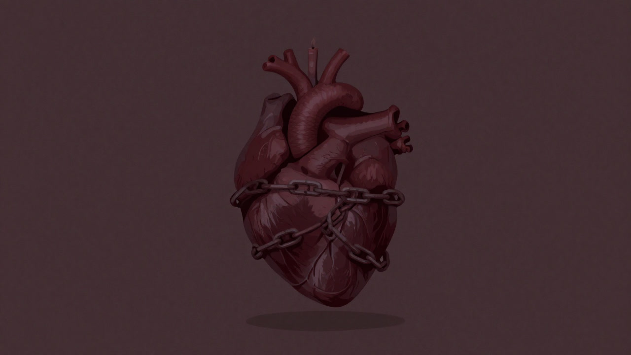 Illustration of a heart entwined by chains symbolizing guilt in candlelight.