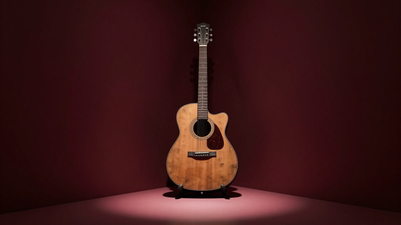 ステージの隅で埃をかぶりながらも、主張するように佇むギターの写真