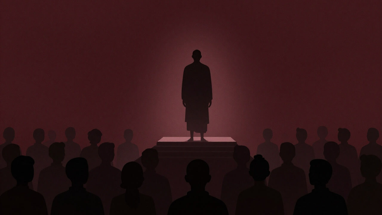 神秘的な光に包まれた壇上に立ち、無数のフォロワーを見下ろすグルのシルエット