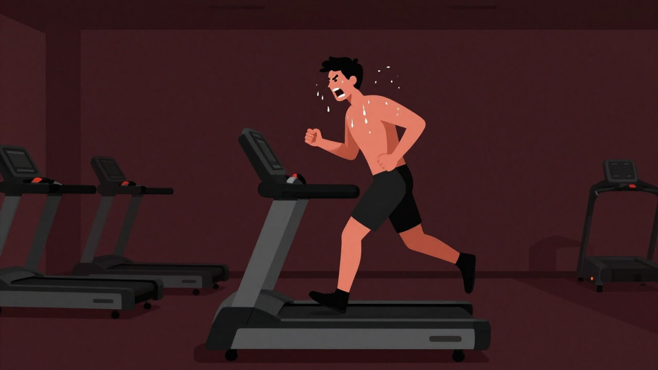 薄暗いジムでトレッドミルに苦悶しながら乗る人影