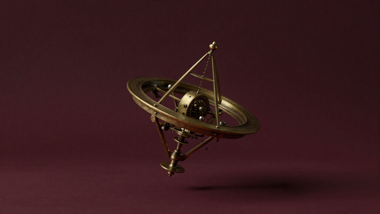 An antique mechanical gyroscope hovering in defiance of gravity, expressionless as it stares into space