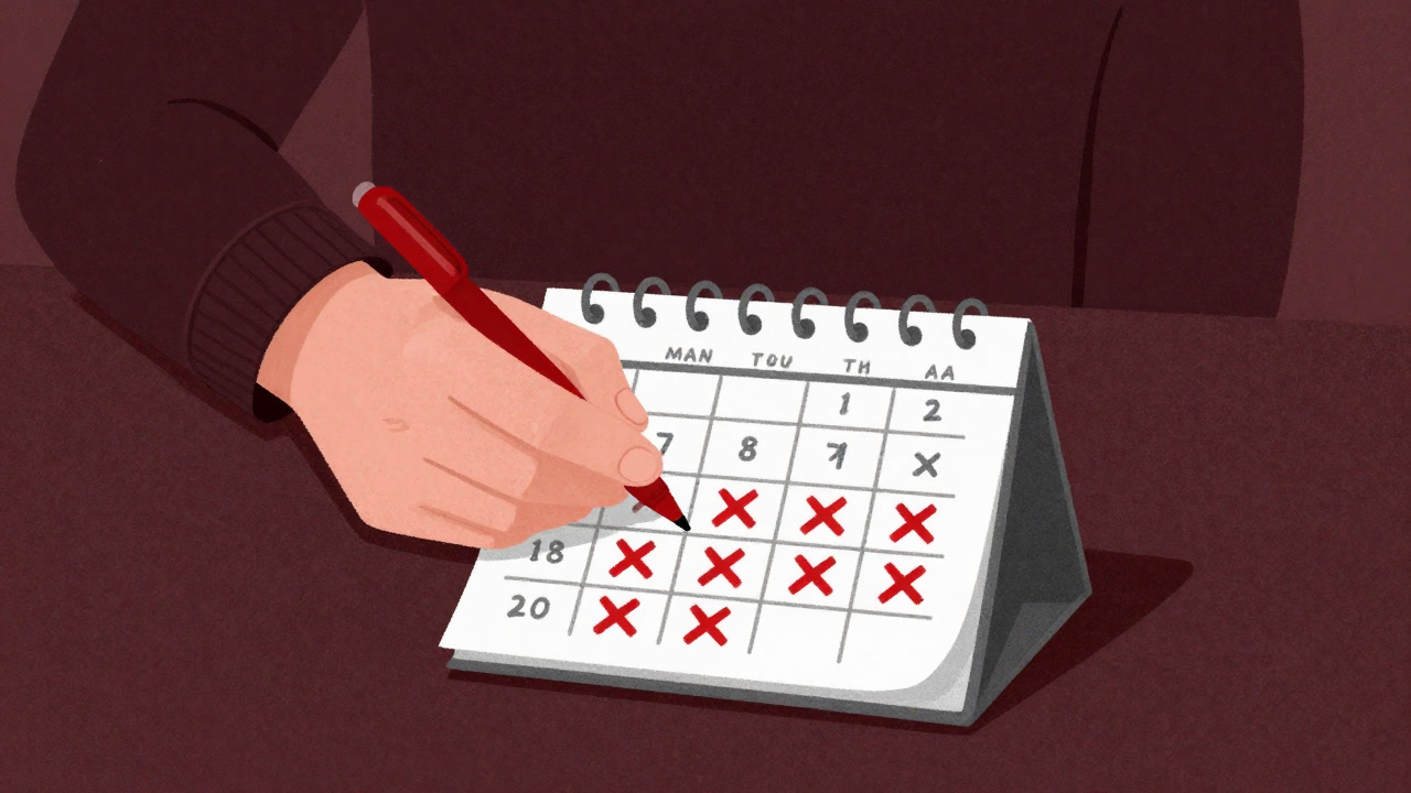 A tired hand of a person staring at a desk with a calendar filled with red X marks