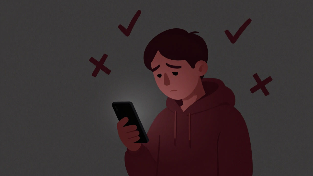 日々のチェックリストに囲まれ、虚ろな目でスマホを見つめる人物のシルエット