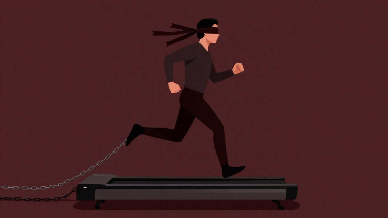 ブラインドフォールドをされた人物が停止のないトレッドミルを走り続けるイラスト