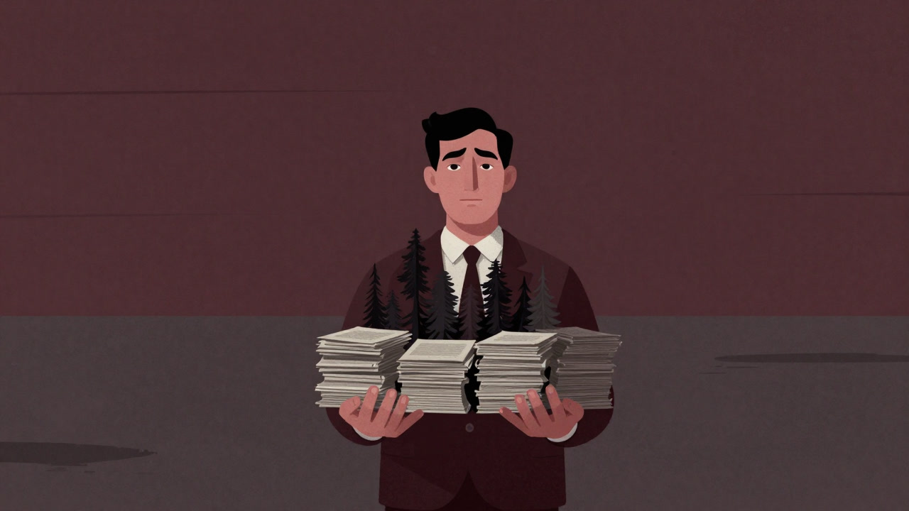 Illustration of a bank officer proudly presenting a model forest made of stacks of numbers against a backdrop of a devastated landscape.