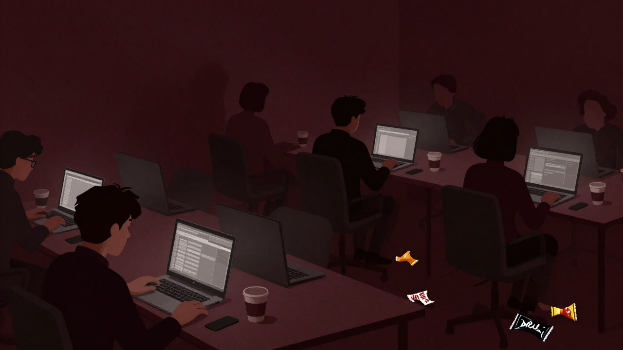 Silhouettes of people huddled around laptops and instant noodles coding into the night with exhausted eyes
