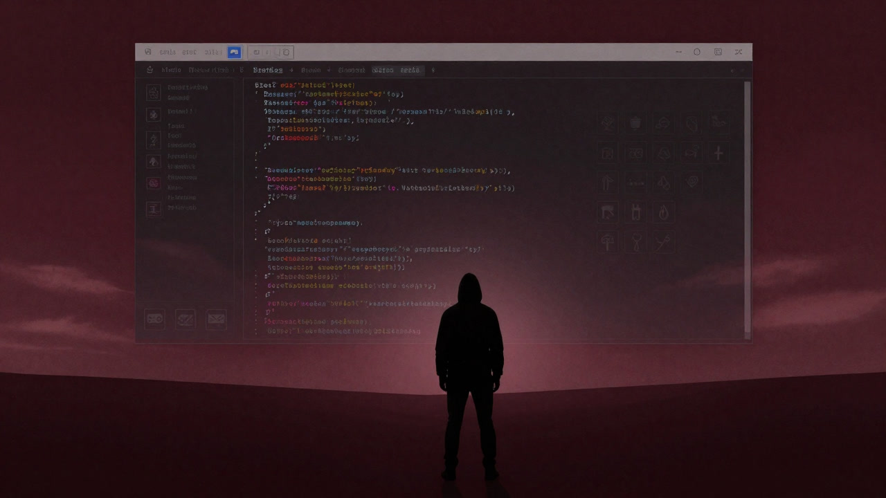 コマンドライン画面に映る鍵アイコンを背負い、地平線の向こうを見据えるシルエットのハッカー