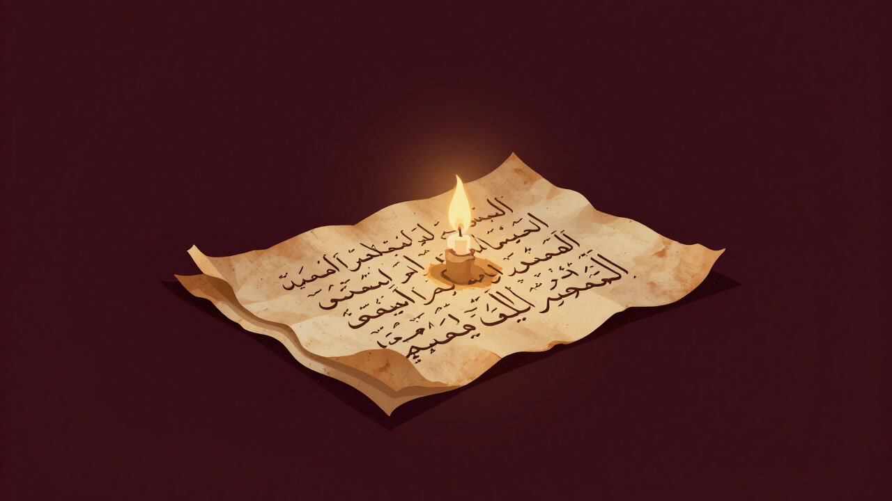 Fragments of hadith written on old parchment arranged amid the dust of history