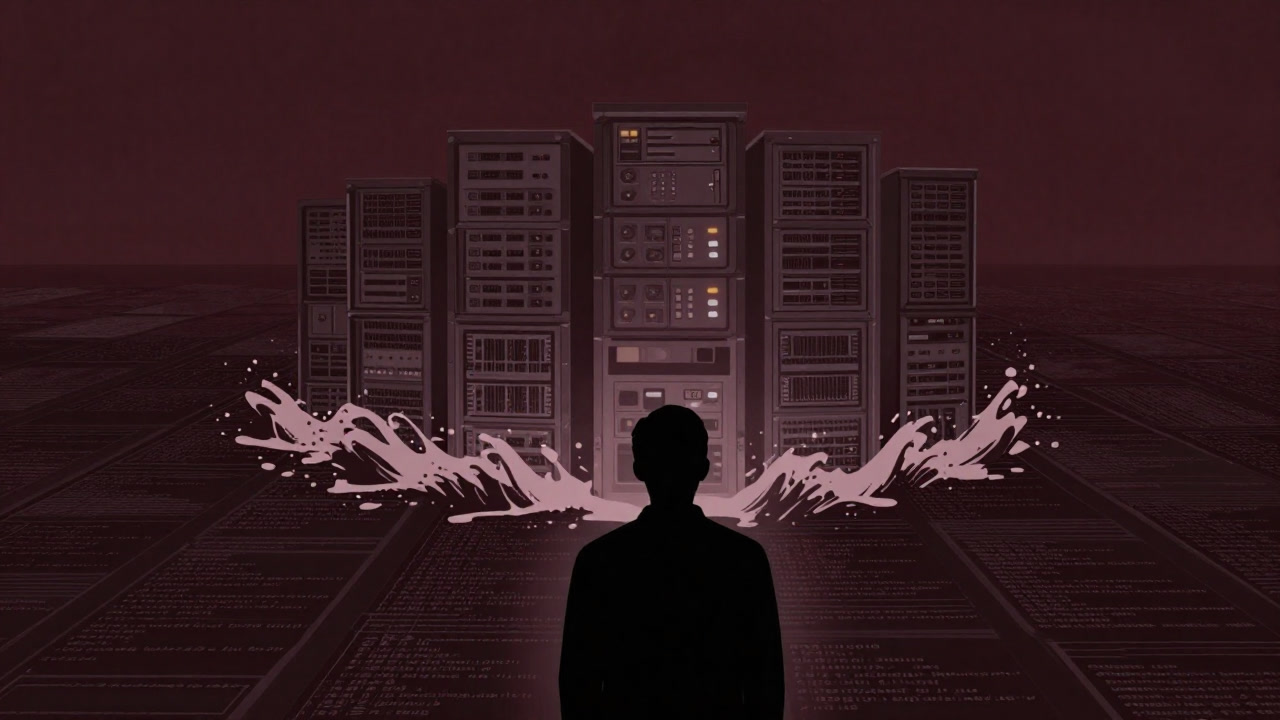 Silhouette of an engineer staring at a cluster sinking into a sea of code