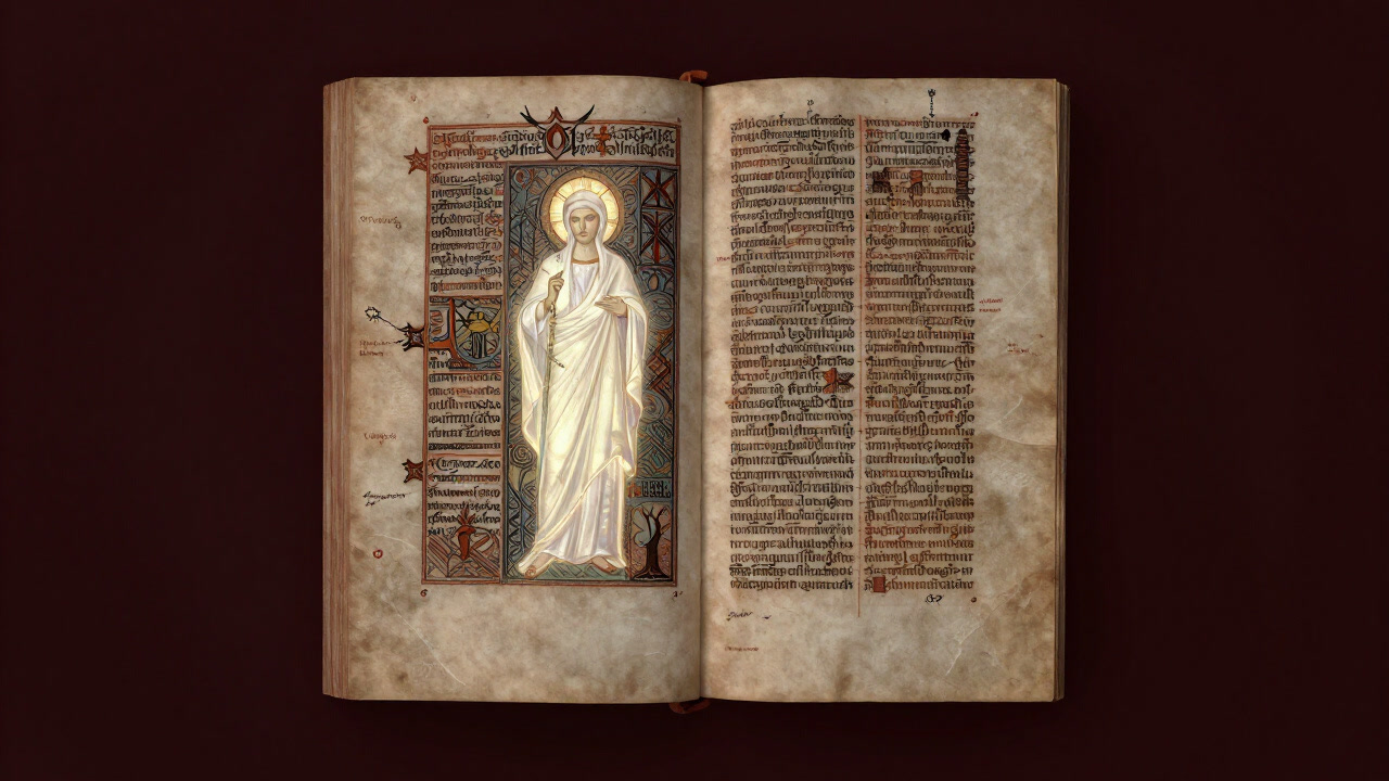 Illustration depicting a worn manuscript page glowing with an ethereal depiction of a saint where prayer meets embellishment