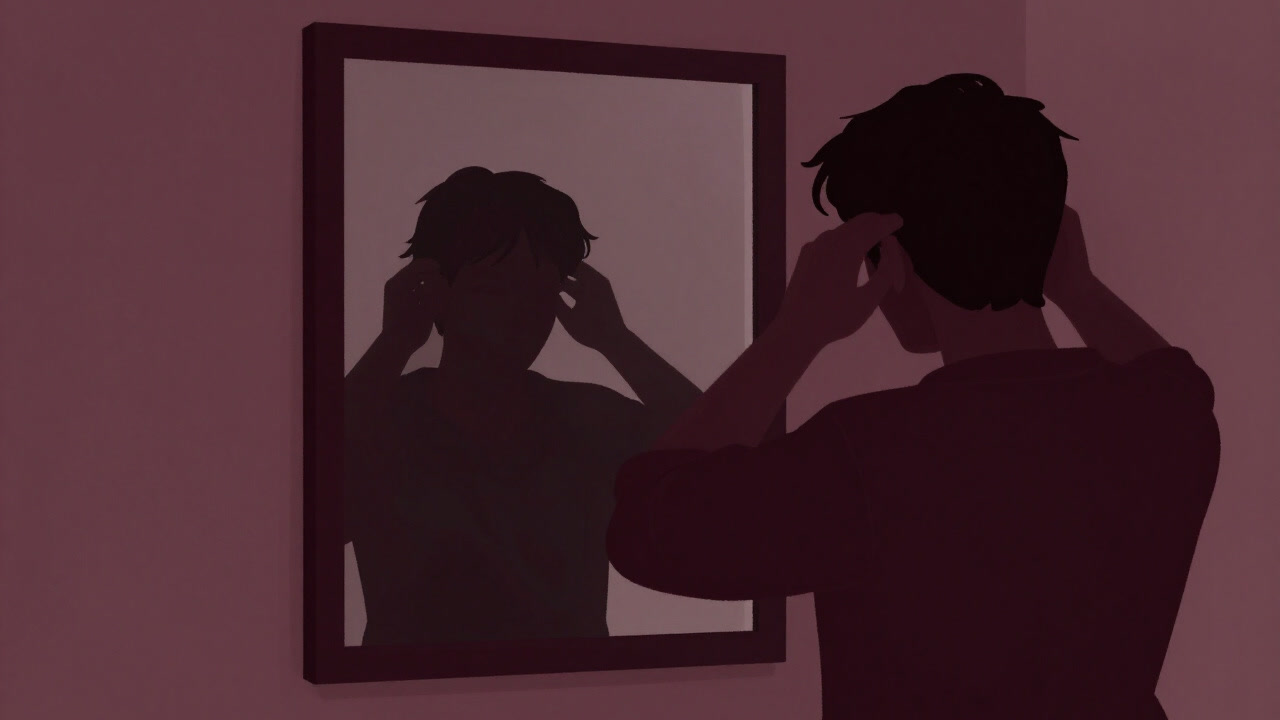 鏡の前で髪をいじるシルエット