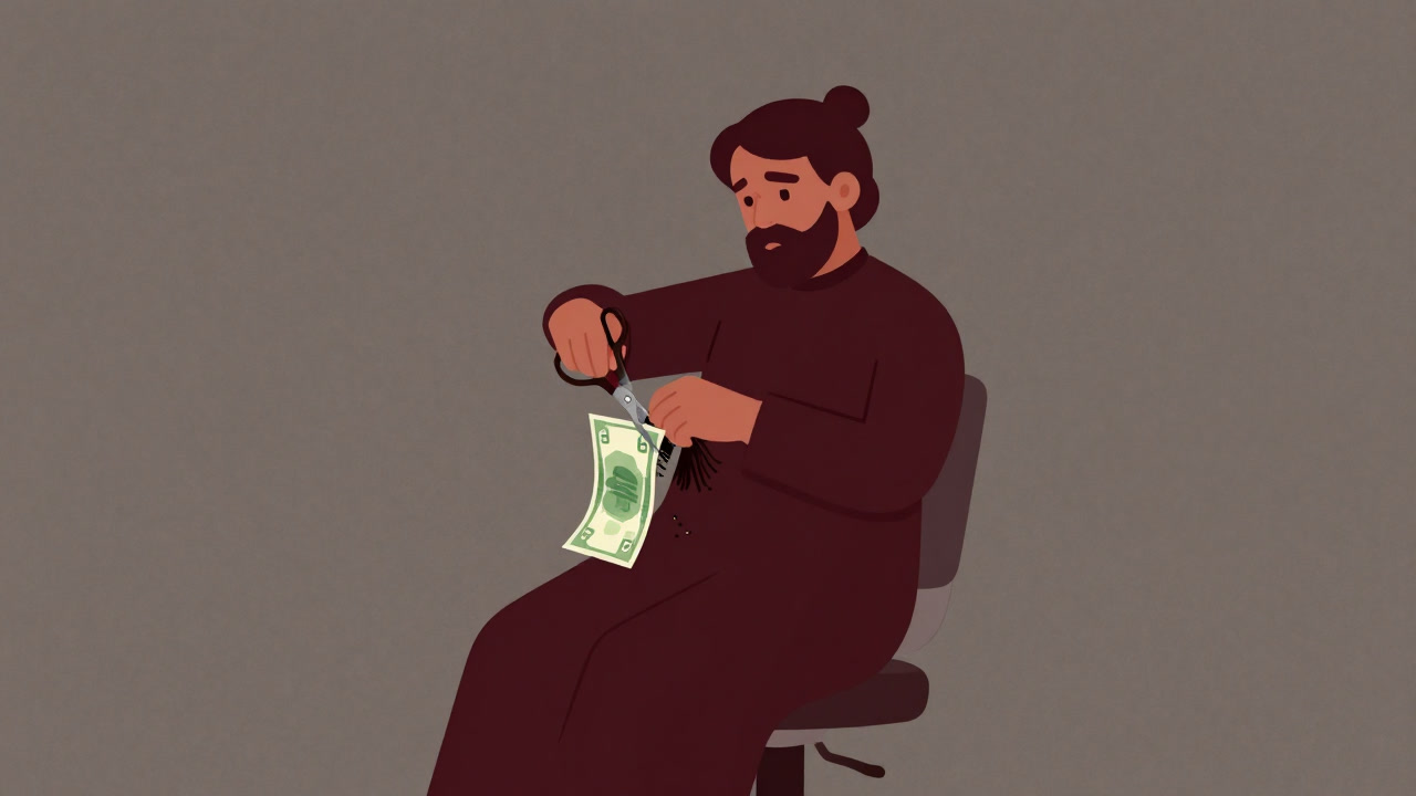 Illustration of a barber cutting banknotes in half with scissors like a hairdresser