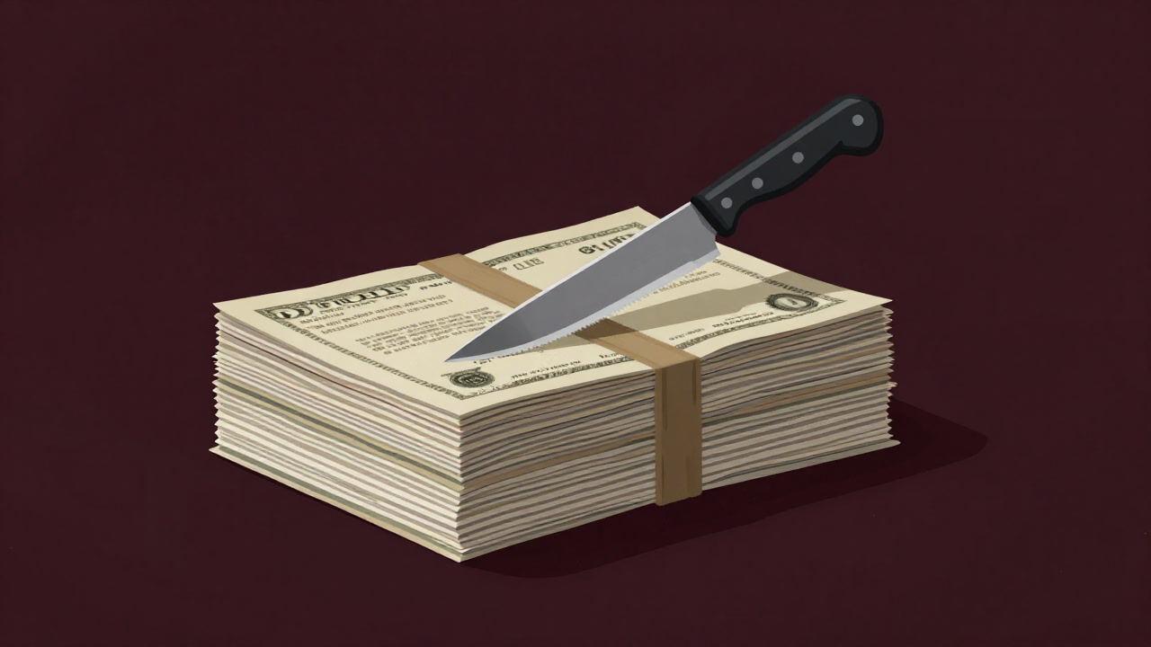 鋭利なナイフで巨大な借金の山が切り裂かれる様子を描いた風刺イラスト
