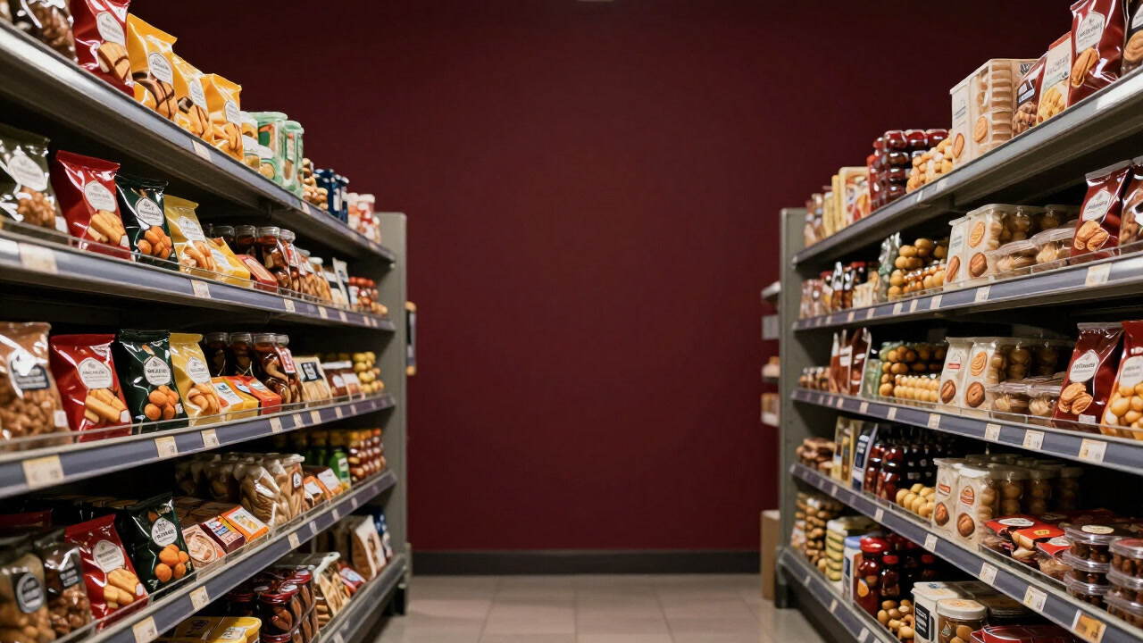 Photo of supermarket shelves filled with products bearing halal certification marks.
