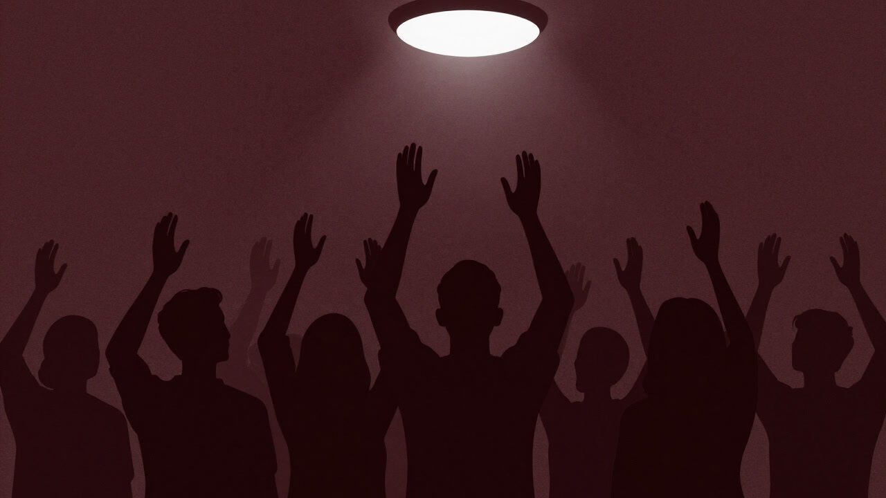 Silhouette of expressionless worshipers raising their hands and staring blankly at the ceiling