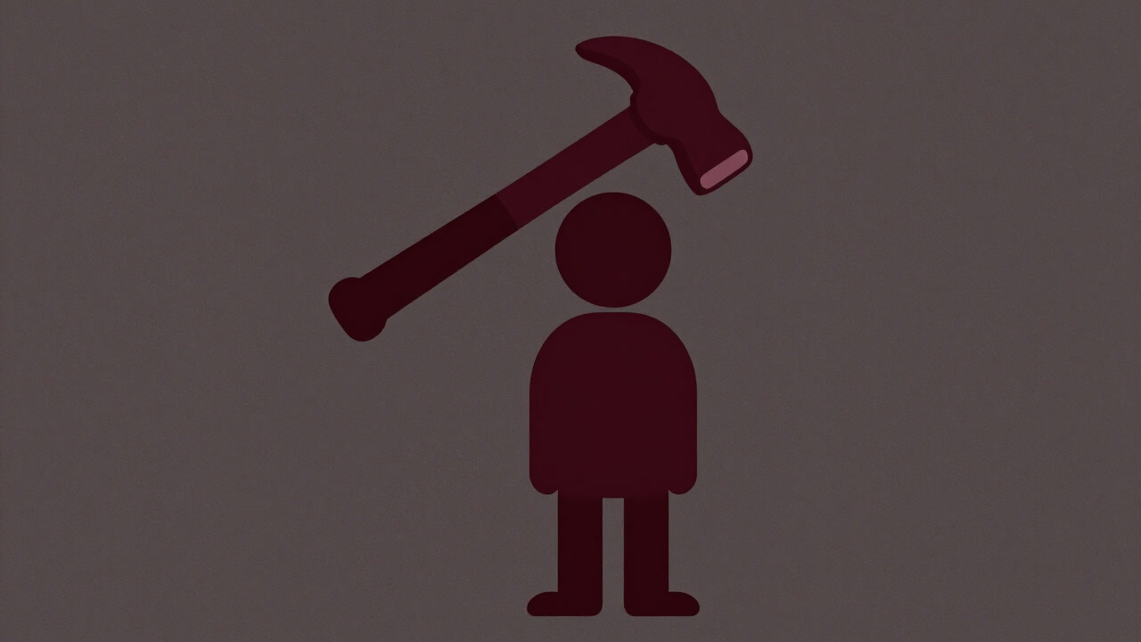 Person bewildered by a hammer clinging to their head, cartoon style
