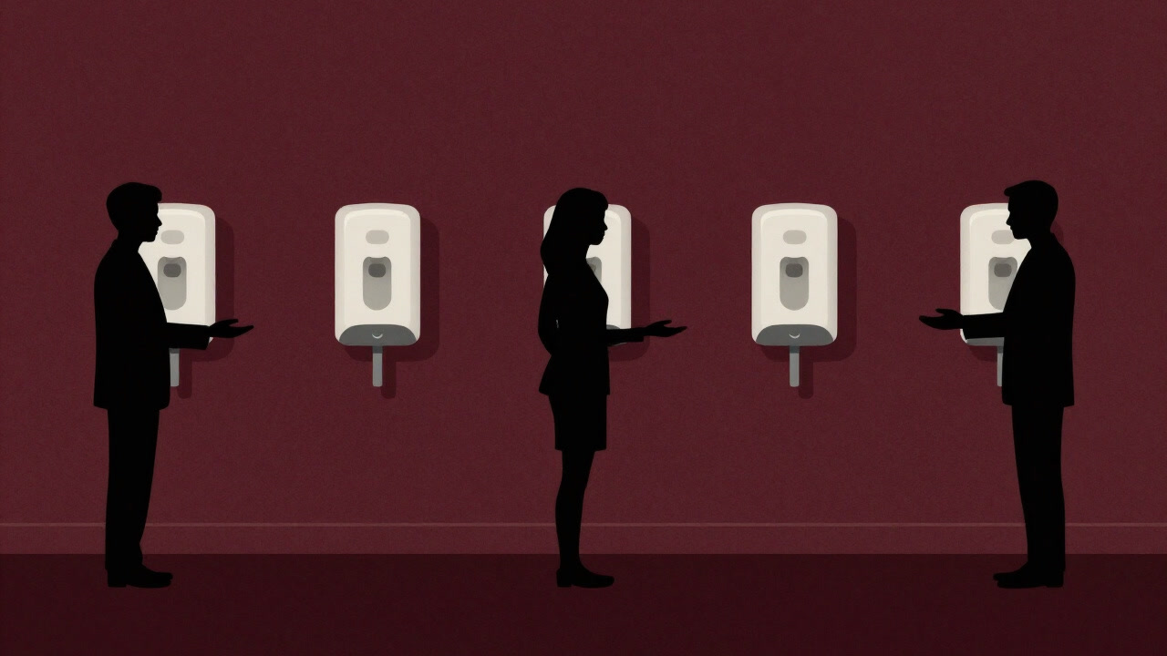 壁に取り付けられた消毒ステーションの前に立つ人々のシルエット