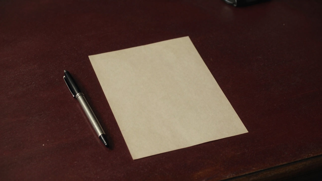 Photo of a lone pen gathering dust next to a sheet of paper with faint ink marks, waiting to be unsealed