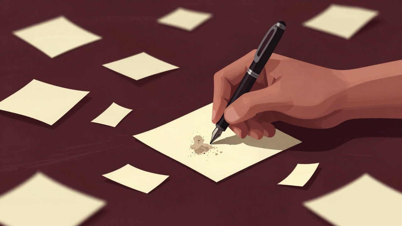 Illustration of a hand reaching out from a mess of scattered sticky notes and scraps of paper, writing something with faded ink.