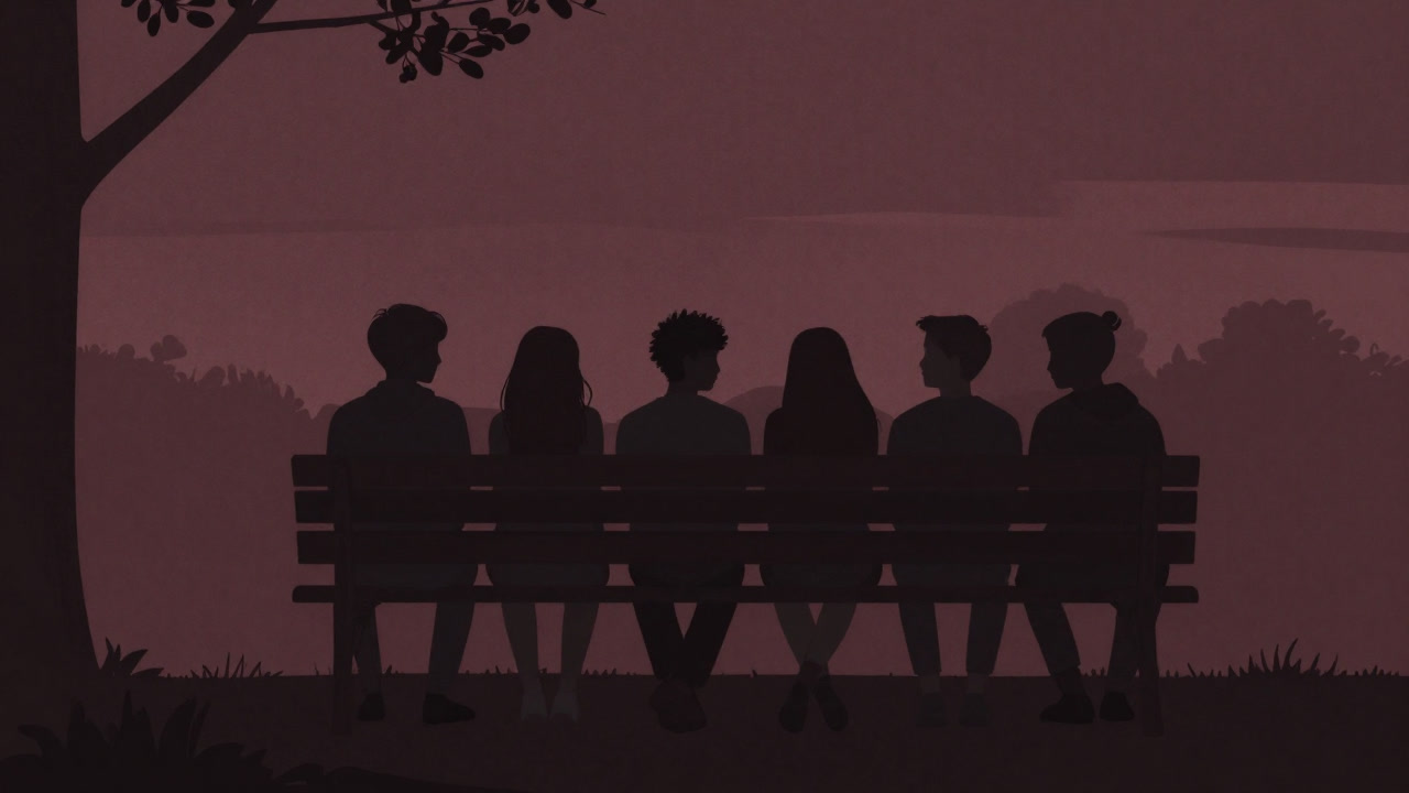 Silhouette of youths sitting on a park bench, conspicuously acknowledging each other’s presence