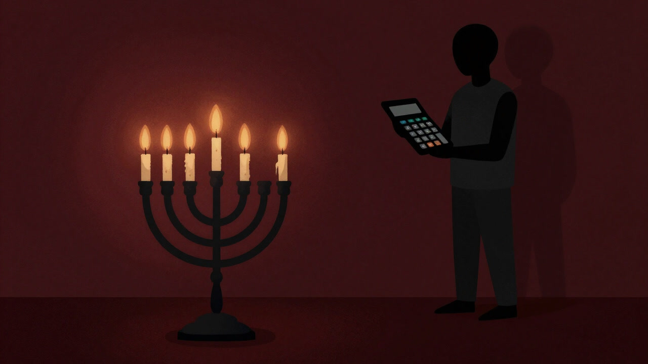 Image of a dark room where menorah candles flicker eerily while a shadowy figure calculates the electricity bill on a calculator