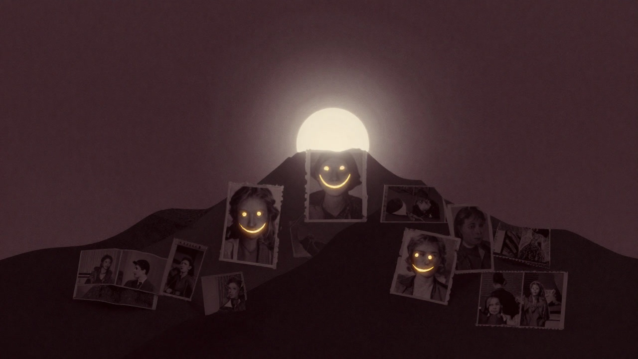 Mental image of faded photographs piling up, with only golden glowing smiles emerging.