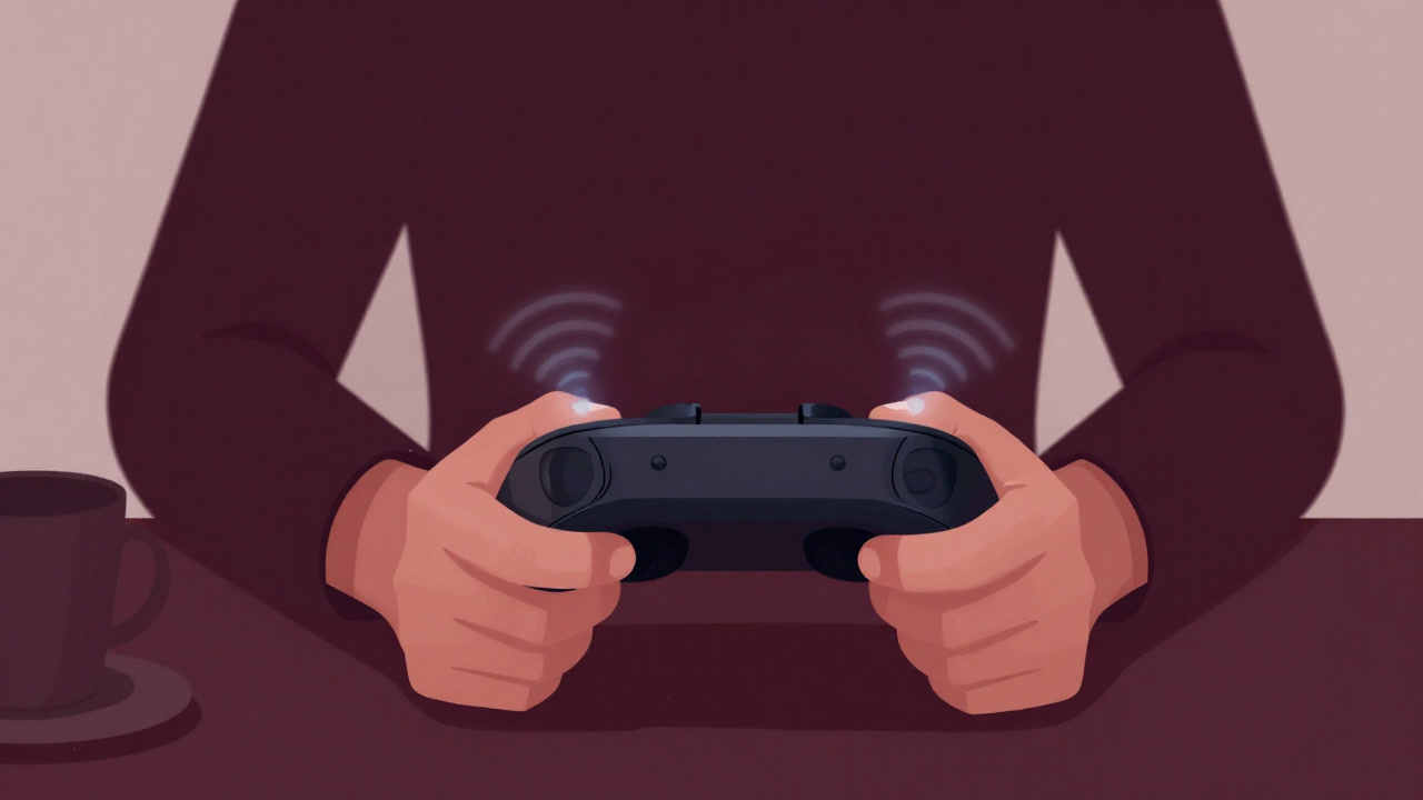 Close-up of hands operating a VR controller with visible vibration motors, in doubt of their authenticity