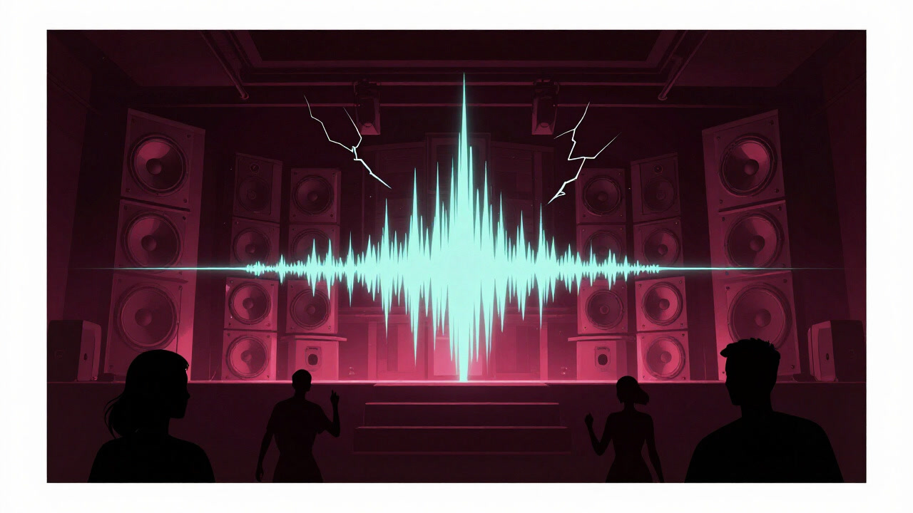 Illustration of countless speakers unleashing deafening sound into the night sky at a club